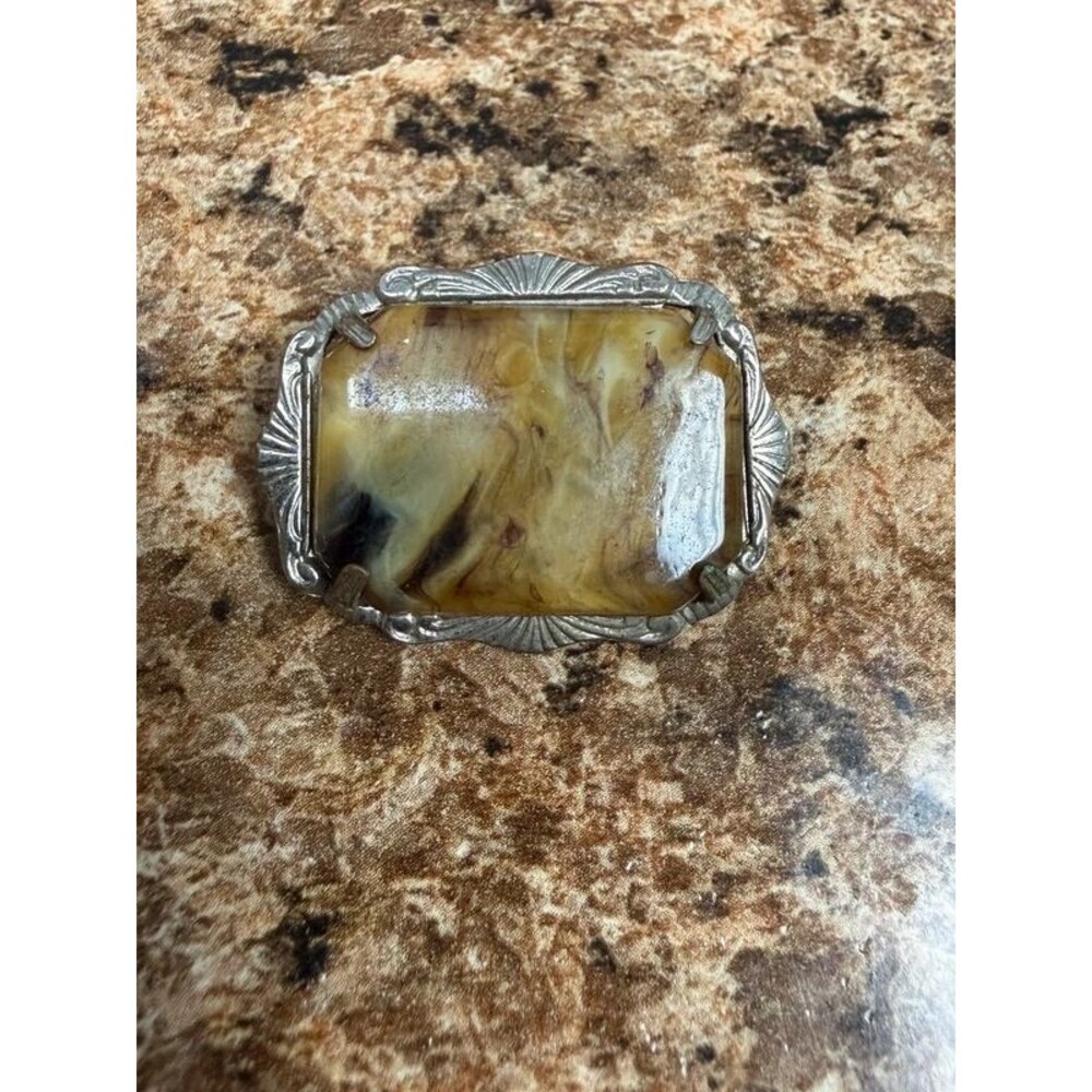 Vintage Art Deco Mottled Agate Jasper Stone Brooch Pin Silver Tone Geometric